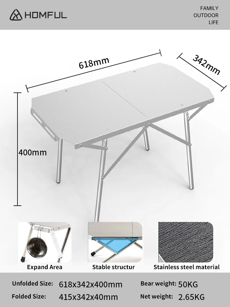 HOMFUL 야외 캠핑 접이식 테이블, 휴대용 스테인레스 스틸 피크닉 테이블, 레저 바베큐 내열 테이블, 신제품