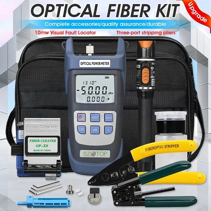 

FTTH Fiber Optic Tool Kit with Optical Power Meter, 10mW Visual Fault Locator, Stripper, Fixed Fixture and Fiber Cleaver DIY