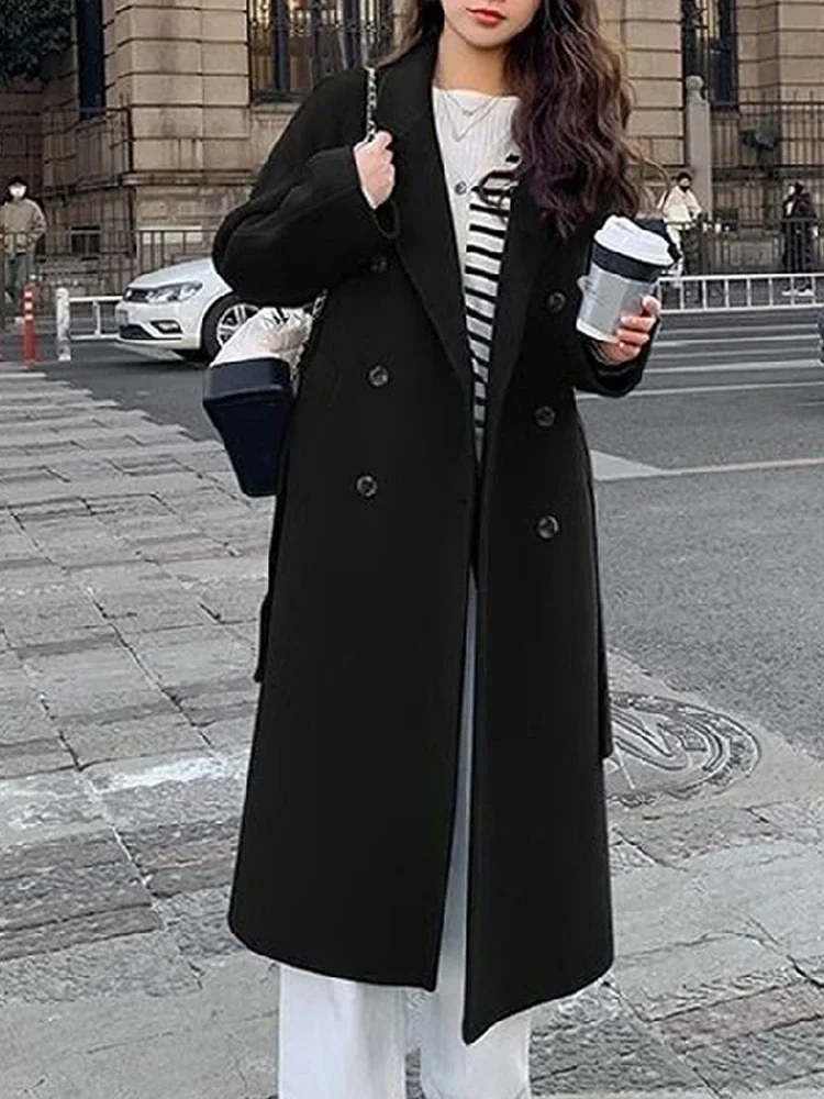 Fashion Long Coat Women Lace Up Full Sleeve Lapel Causal Female Midi Jacket 2024 Spring  Faux Woolen Loose Solid Lady Outwear