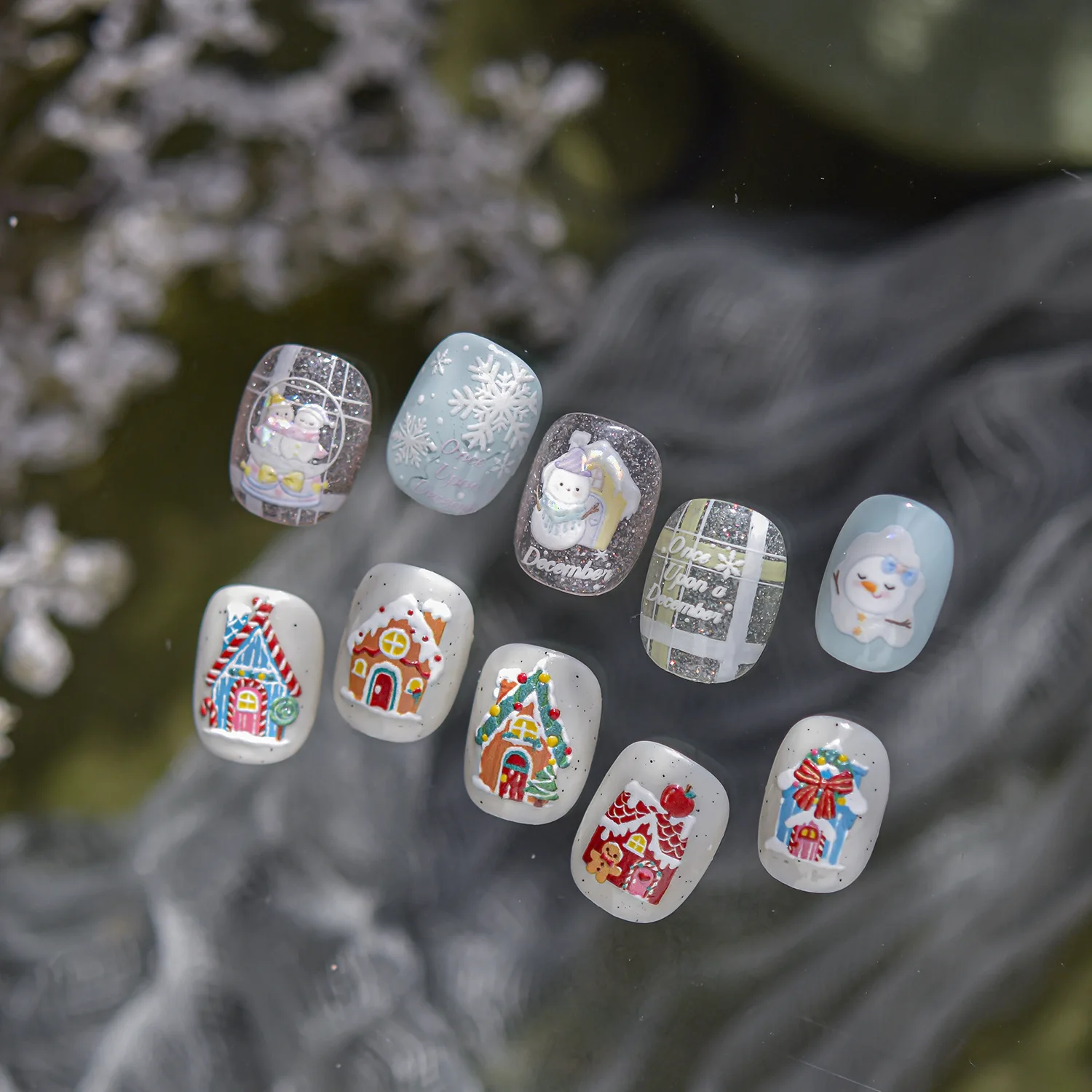 Acessórios de unhas de natal adesivos 5d em relevo dos desenhos animados floco de neve casa boneco de neve adesivos de unhas diy adesivo manicure decoração decalques