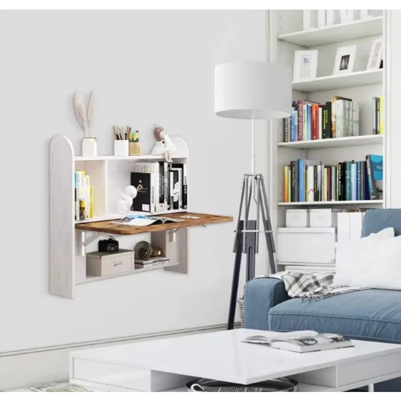 Fotografia 5: Mesa de estudo de parede para casa, mesa flutuante para laptop, mesa dobrável com prateleiras