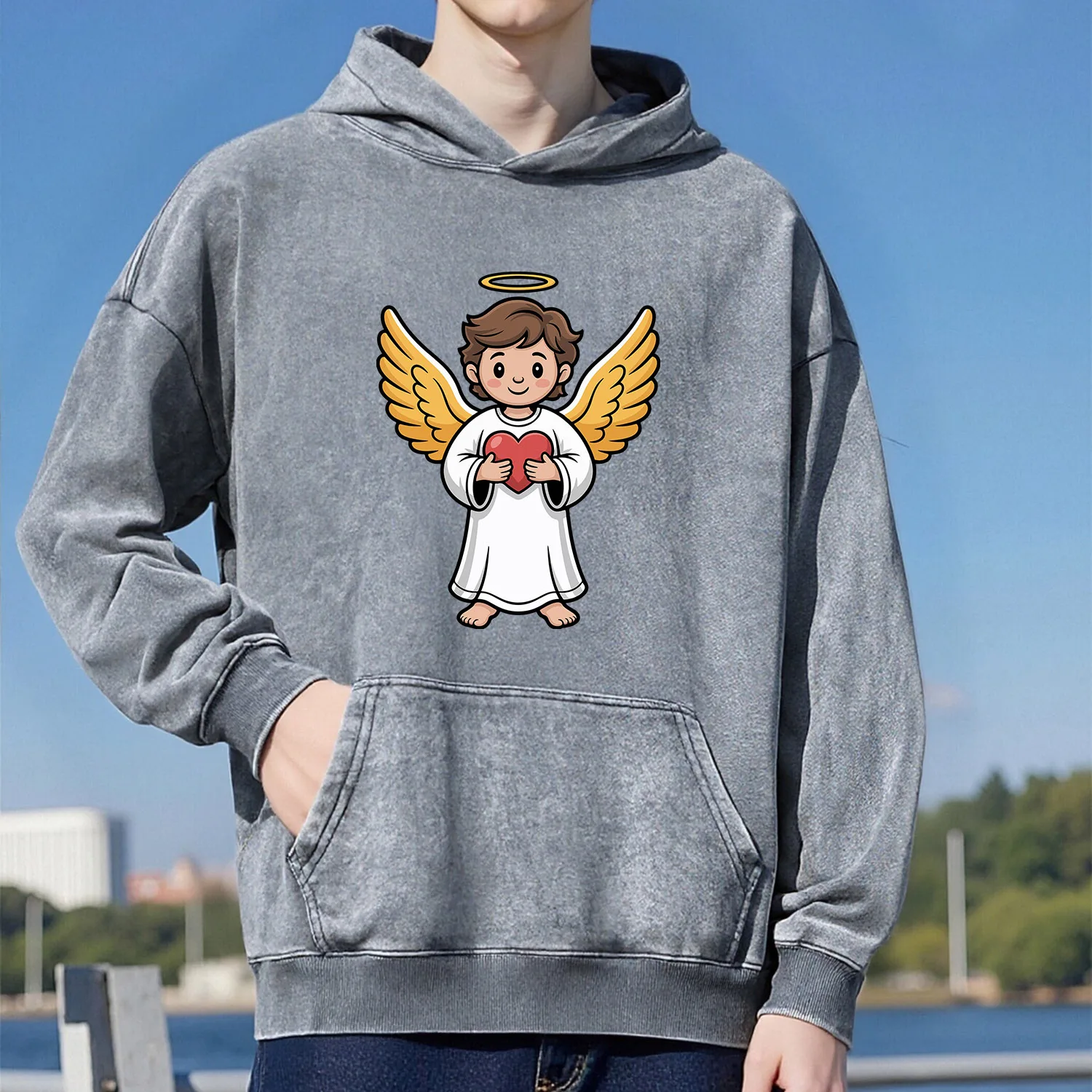 سويت شيرت بغطاء للرأس بنمط Angel Retro للجنسين كاجوال بنمط رياضي مصنوع من القطن الخالص طراز الشارع 400 جرام