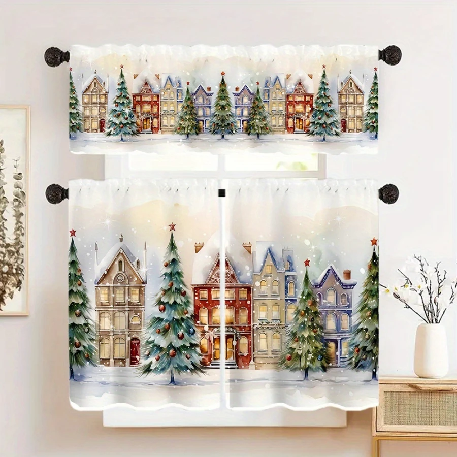 Christmas Town Watercolor Street Kitchen Curtain, Winter Holiday Decor Rod Pocket Tier Curtains for Kitchen Window