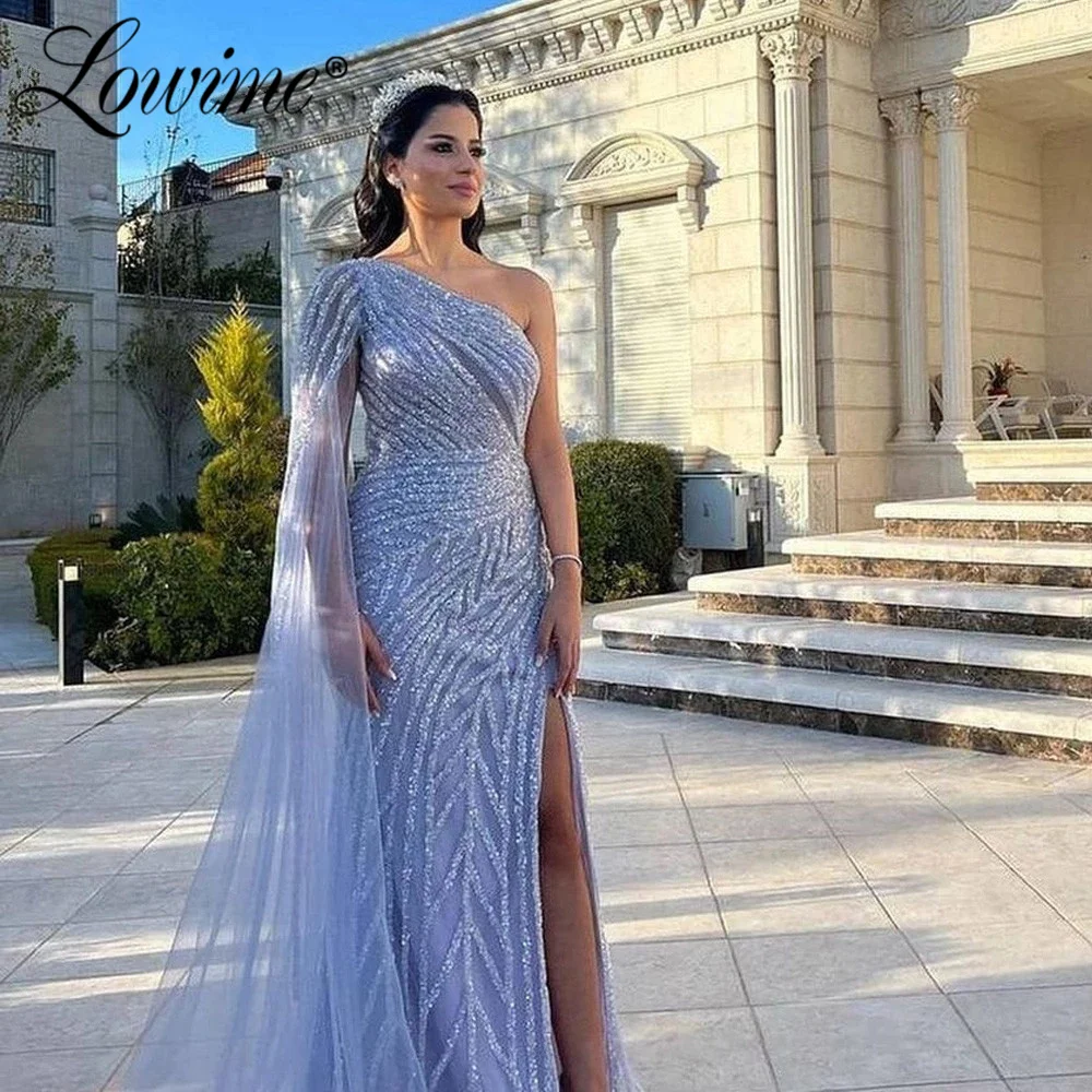 Lowime Glitter Evening Dresses One Shoulder Cape Sleeve Blue Purple Party Dress Women Long Pageant Prom Gowns Side Split Robes