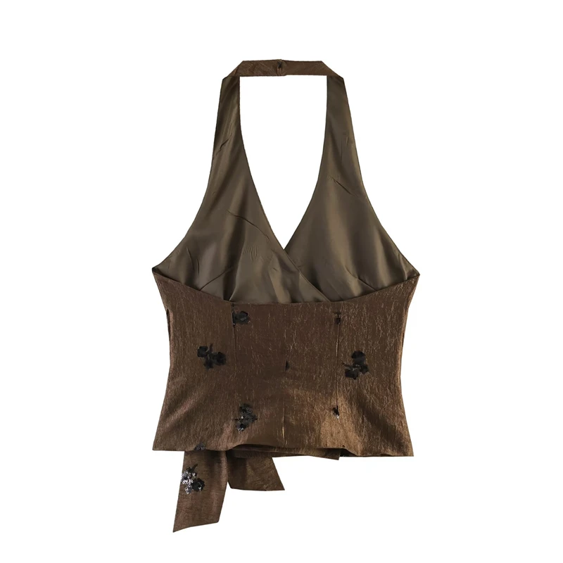 KEYANKETIAN 2026 Vacation Bohemian Brown Halter Top Slim Fit Deep V Neck, Black Sequin Floral Side Self Tie Waist Detail Vest