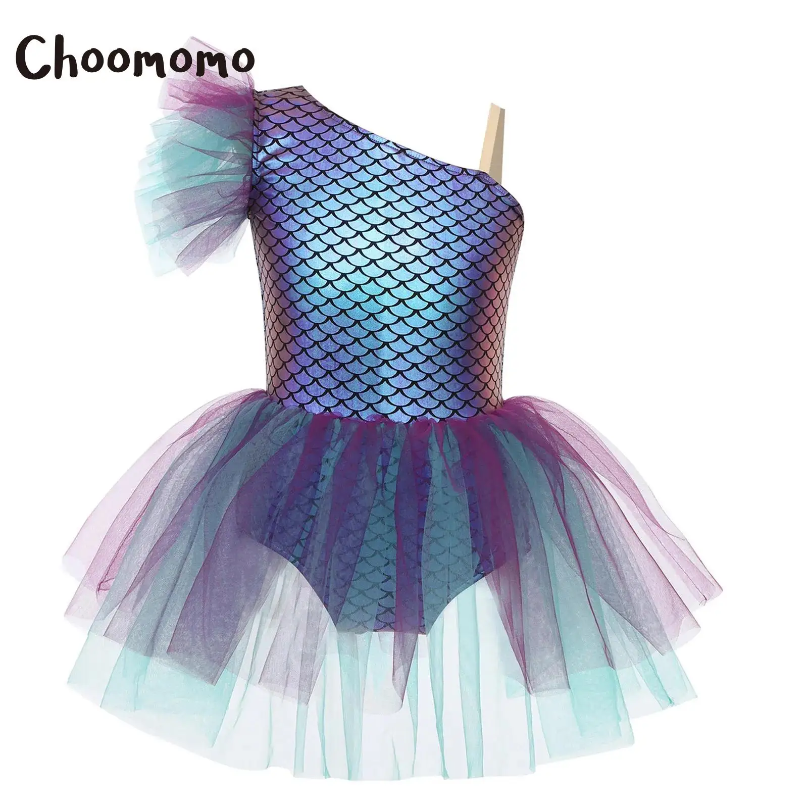 

Girls Mermaid Ballet Tutu Dress Halloween Ballerina Gymnastics Leotard One Shoulder Fish Scales Metallic Dance Bodysuit Camisole