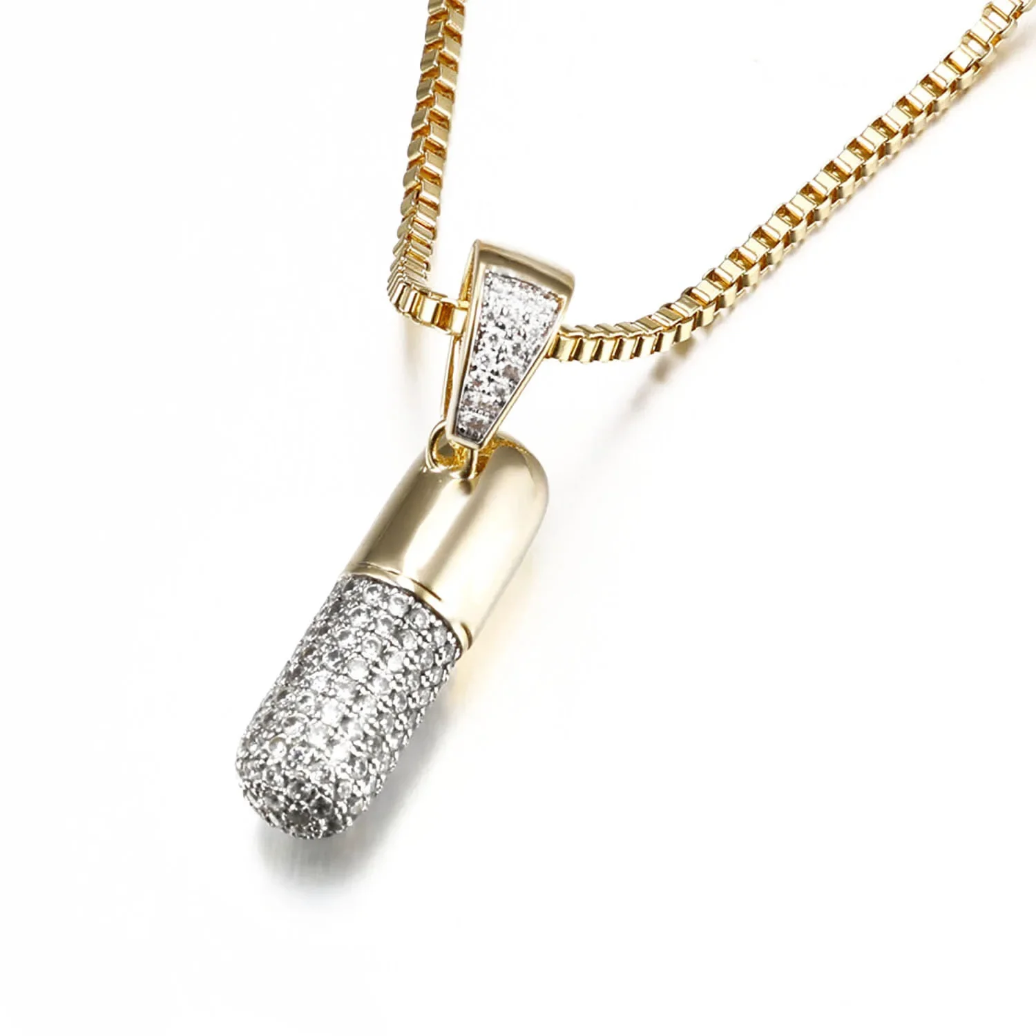 Cz Diamond Pendant Pill Hip Hop Necklace Fashion Full Diamond Zircon Men's and Women's Gold Plated Jewelry
