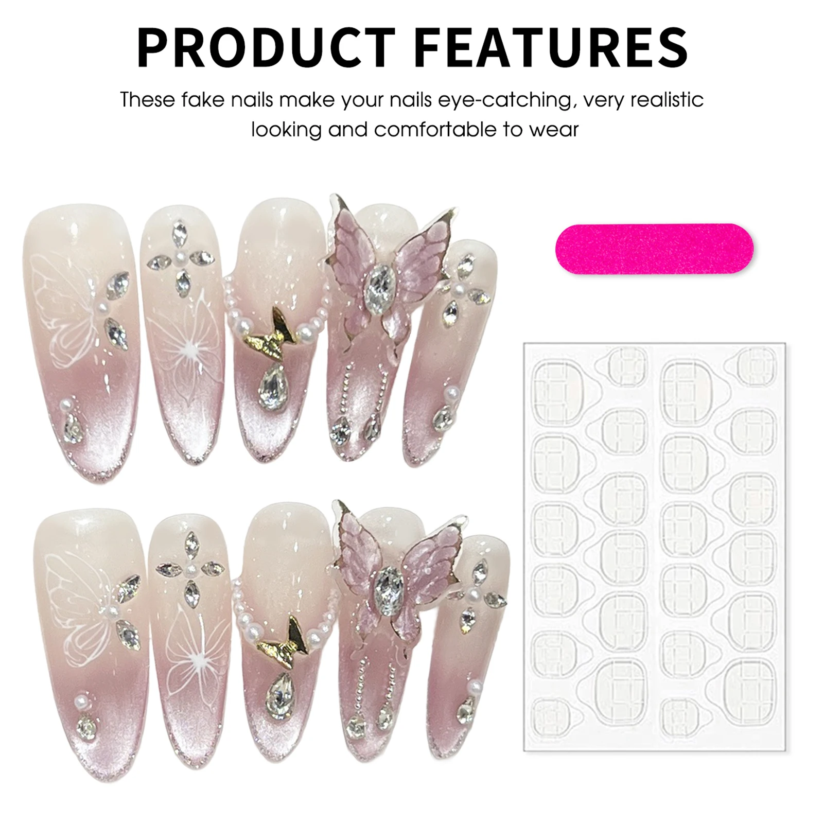 10 pçs rosa olho de gato estilo francês imprensa em unhas borboleta strass decoração amêndoa artesanal unhas falsas encantadores dicas de unhas falsas