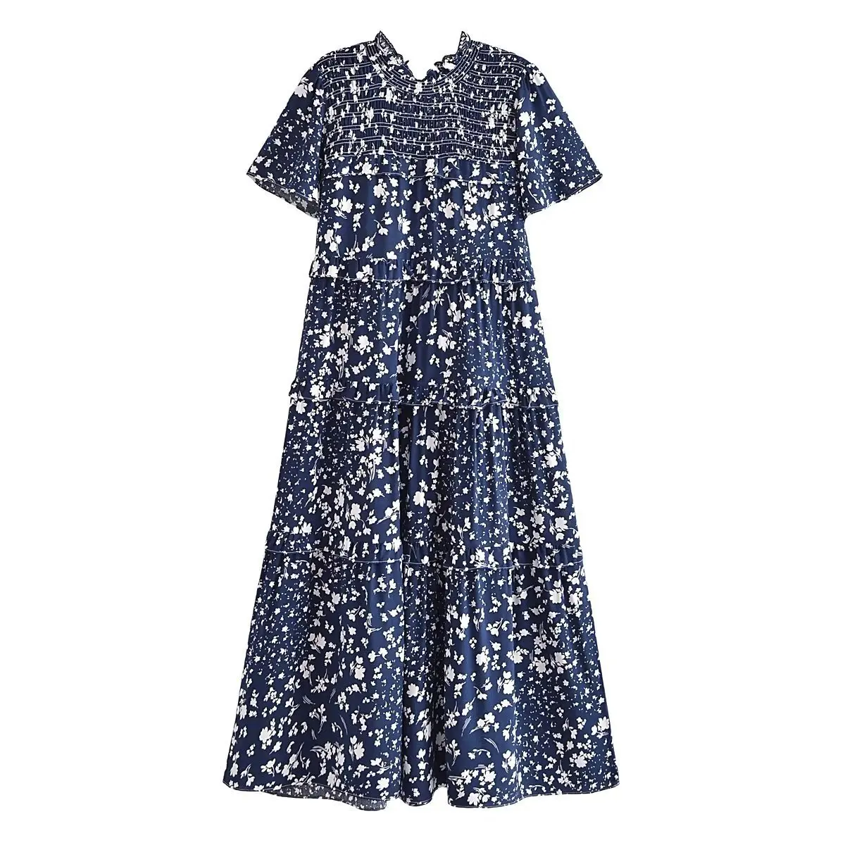

Vintage Print Flowers Tiers Dress With Short Sleeves
