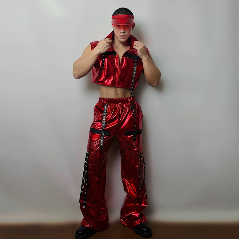 Mannen Hip Hop Jazz Outfit Gogo Danser Outfits Rood Stage Performance Kostuum Nachtclub Dj Ds Kleding Mannelijke Party Show Kleding 4932