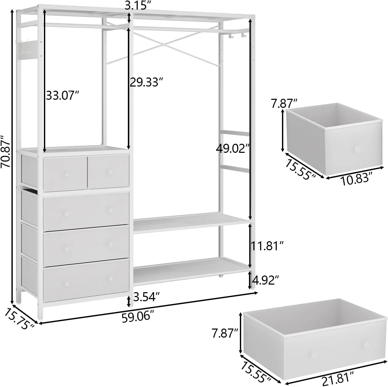 Rack de roupas com 5 gavetas e 4 prateleiras de armazenamento, rack de roupas resistente de 59,1 W * 8,9 H com 2 hastes suspensas, armário de guarda-roupa.