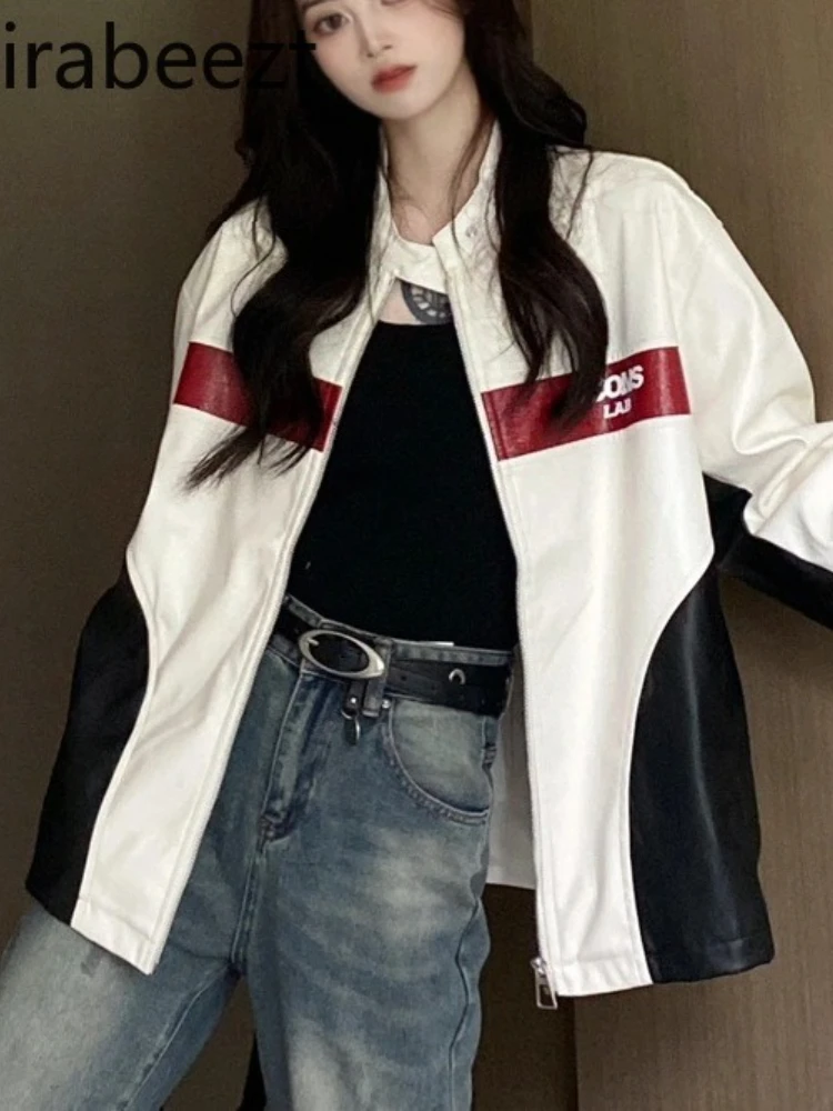 

Stand Collar Double Leather Stitching Retro Sports Racing Coat Autumn Contrast Color Men and Women Couple Motorcycle Jacket