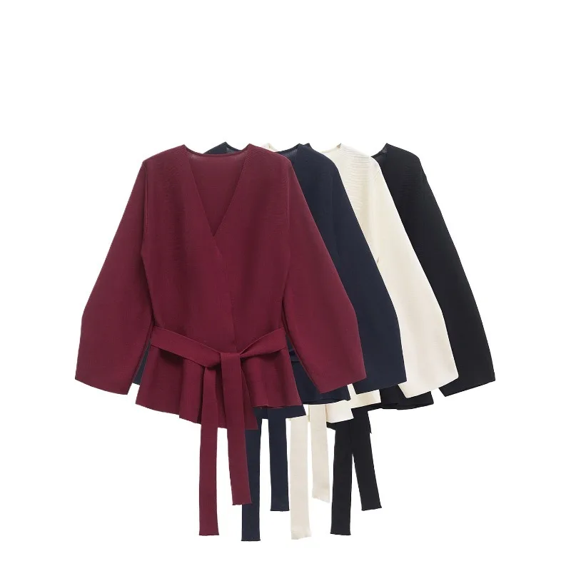 

2025 Elegant V-Neck Women's Suit with Belt Autumn Style Polyester Fiber Full Sleeve Pure Color Pocket Design Chinese Origin