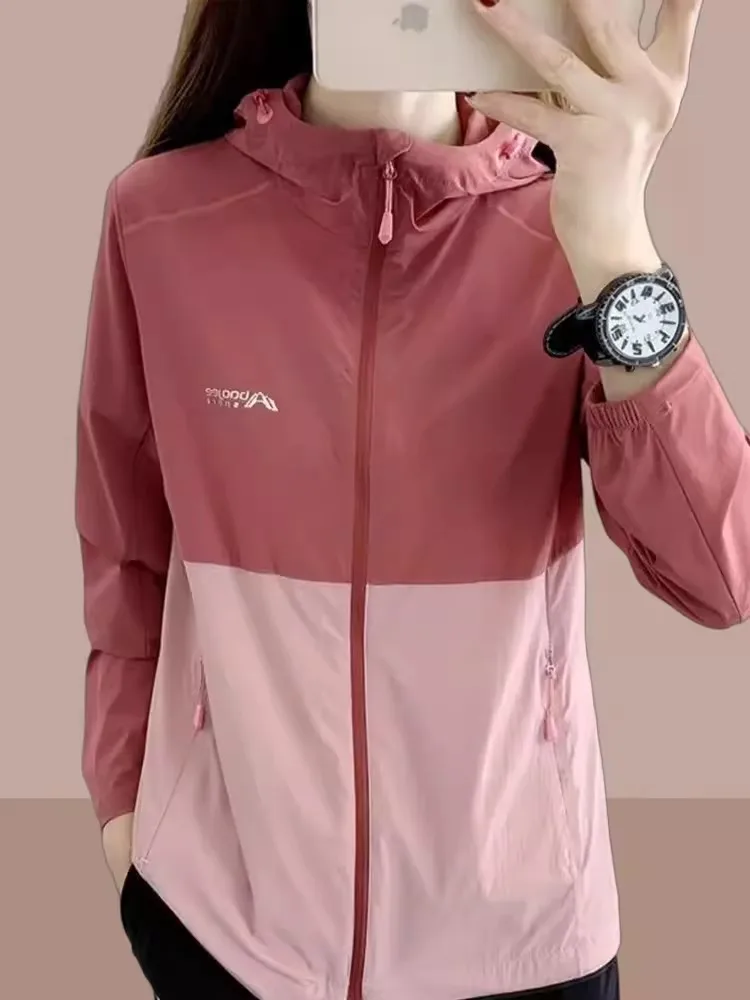 

Women's Outdoor Sports Sun Protection Clothing Ice Silk Breathable Lightweight Cardigan Long Sve Coat with Hat Summer Faion