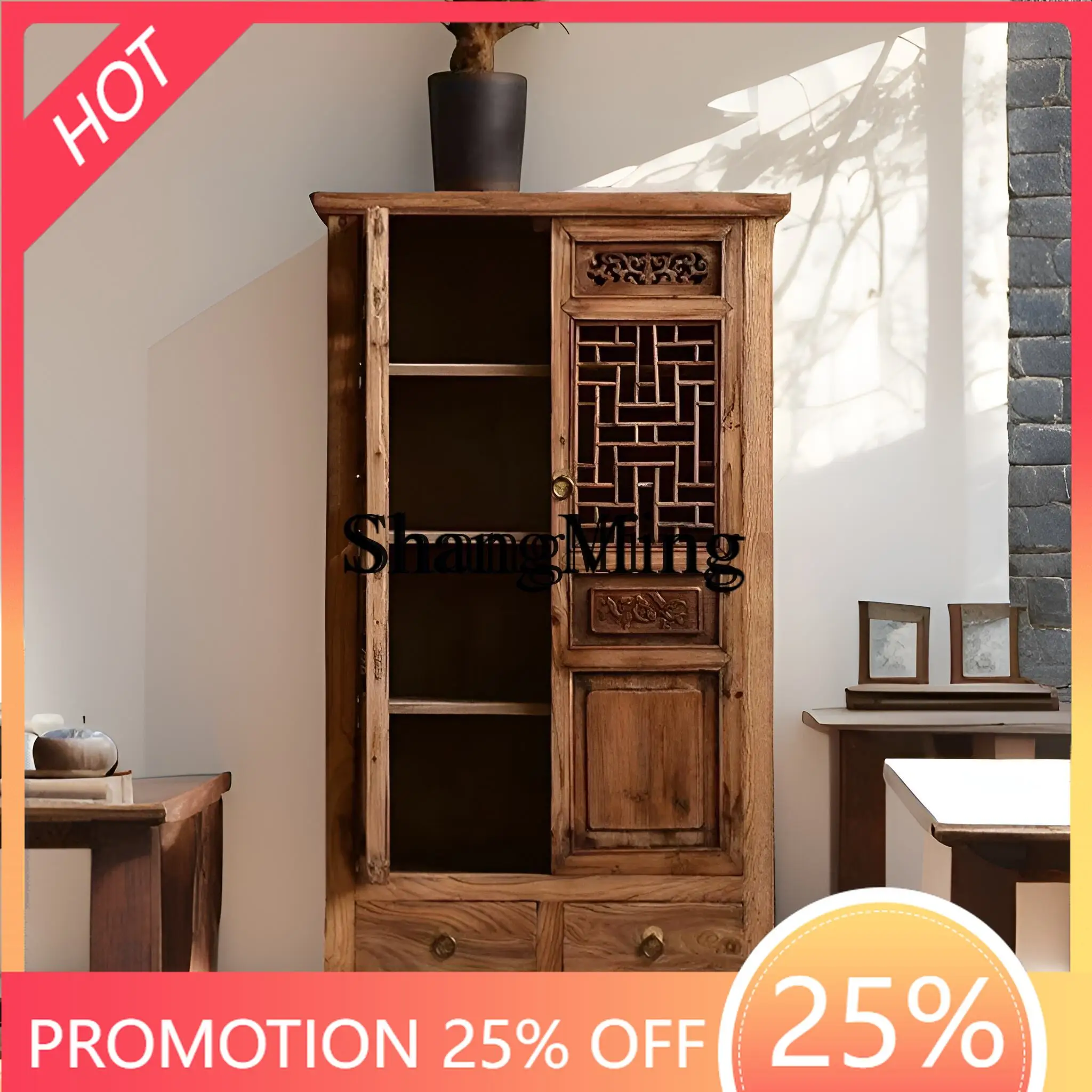 

FG wabi-sabi wind solid wood dining side cabinet old elm storage tea room tea side bed and breakfast furniture