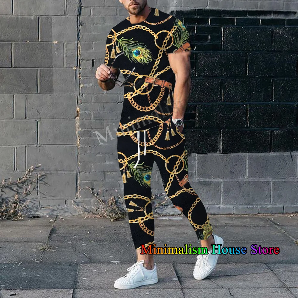 New Men Tshirt Suit Tracksuit Golden Chain 3D Print Streetwear Luxury Short Sleeve T-shirt+Long Pants 2 Piece Set Male Clothes