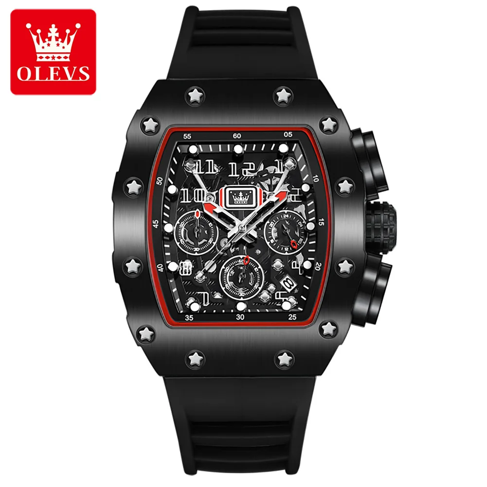 OLEVS Fashion Tonneau Dial Quartz Watch for Men Military Sports Rubber Strap Waterproof Luminous Hollow Watch Relogio Masculino