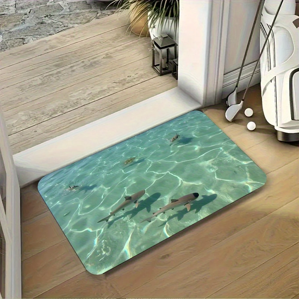 Aesthetic Shark Underwater Print Area Rug Polyester Mat for Bathroom Coastal Decor Beach Ocean Nursery Home Runner