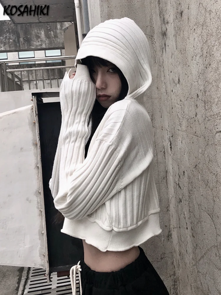 KOSAHIKI Harajuku Black White Sweater Cropped Cardigan Women Korean Fashion Streetwear Jumper Female Autumn Hoody Knitted Top