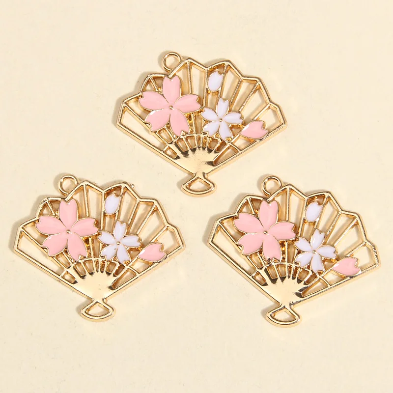 10pcs Gold Color Lovely Enamel Flower Fan Charms Connector Pendant For DIY Handmade Necklaces Earrings Jewelry Making Accessorie