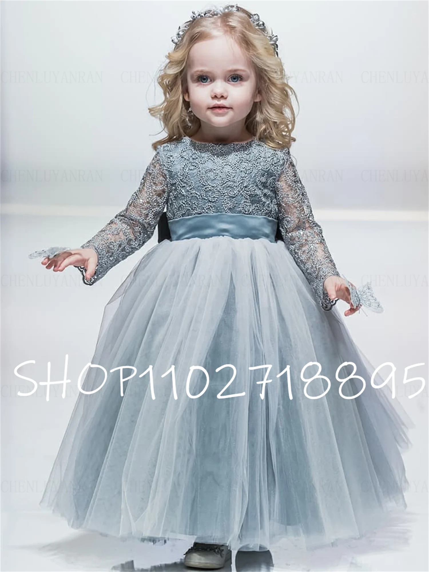 

Long Sleeves Flower Girl Dress A-Line Puffy Girls Princess Wedding Party Dress O-Neck Gary Lace First Communion Gown Dress