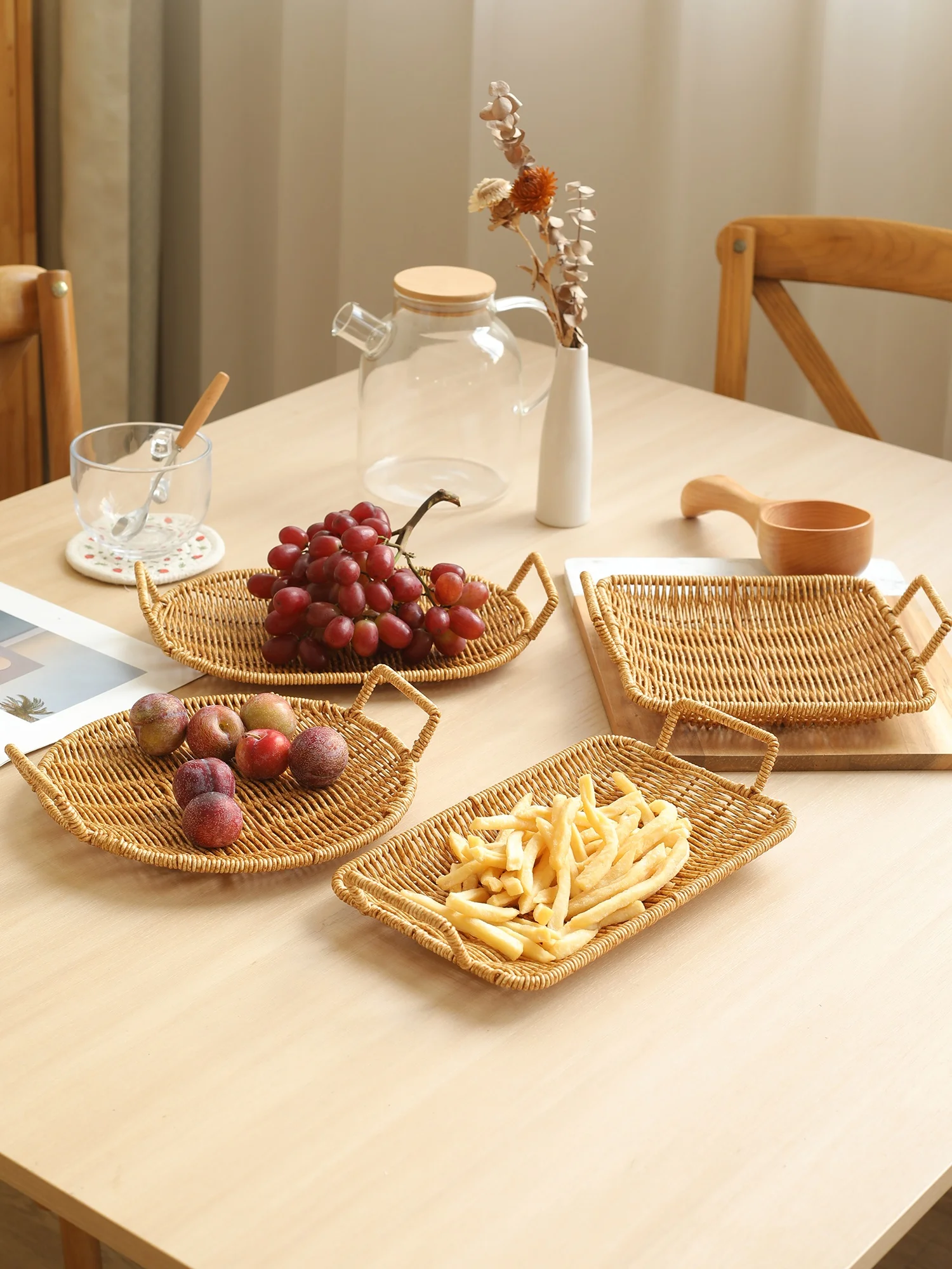 Kens Japanese Style Wicker Basket Bread Dessert Plate Fruit Tray Living Room Coffee Table Dry Fruits Candy Snacks Storage