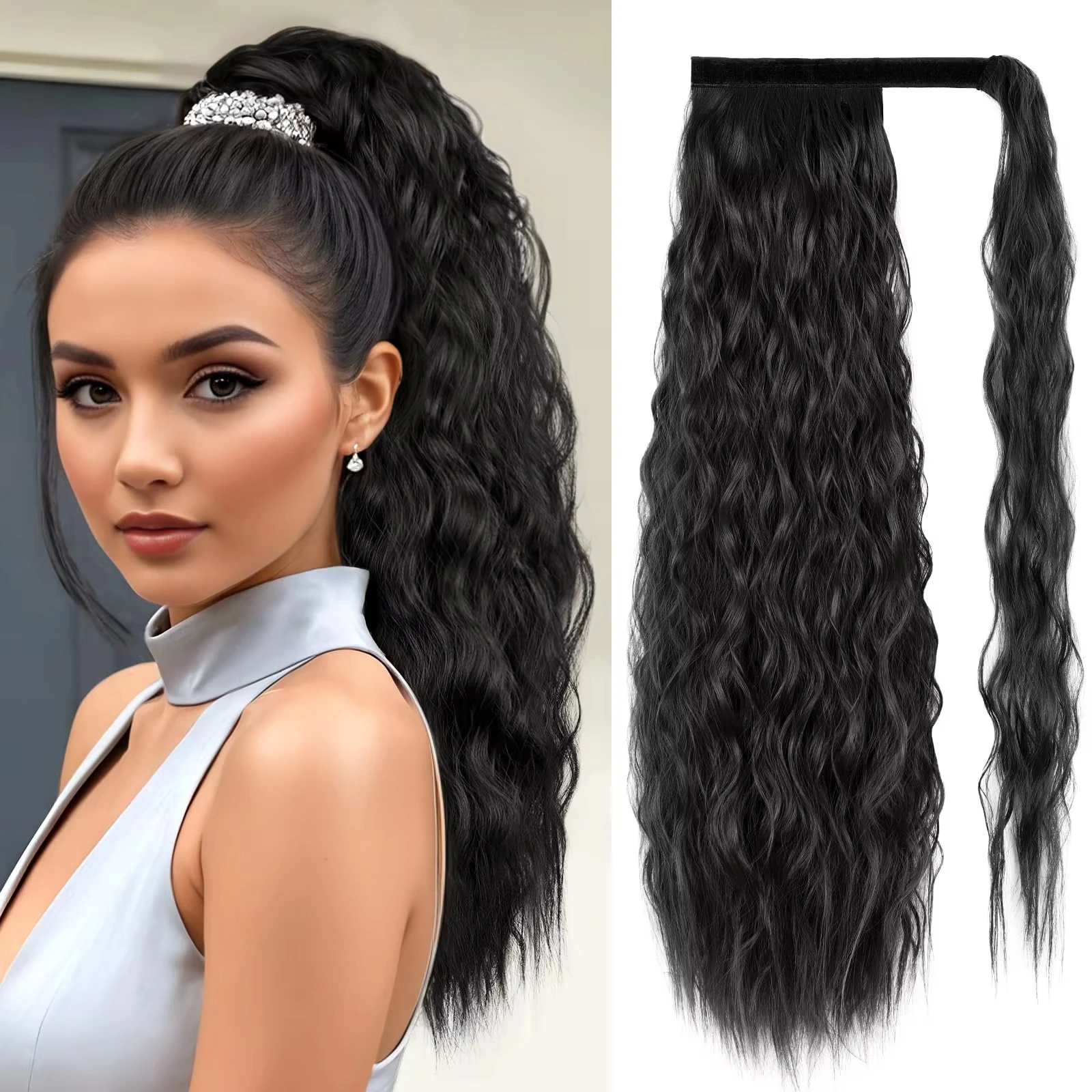 

Corn Wave Ponytail Hair Extension 22 Inch Synthetic Magic Wavy Ponytail Paste Heat Resistant Wavy Wrap Around PonyTail For Girls