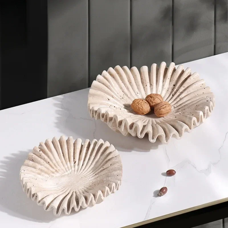 Marble Ruffle Bowl for Kitchen Counter and Living Room Travertine Scallop Bowl for Fruit Jewelry Decorative Tray for Home Decor