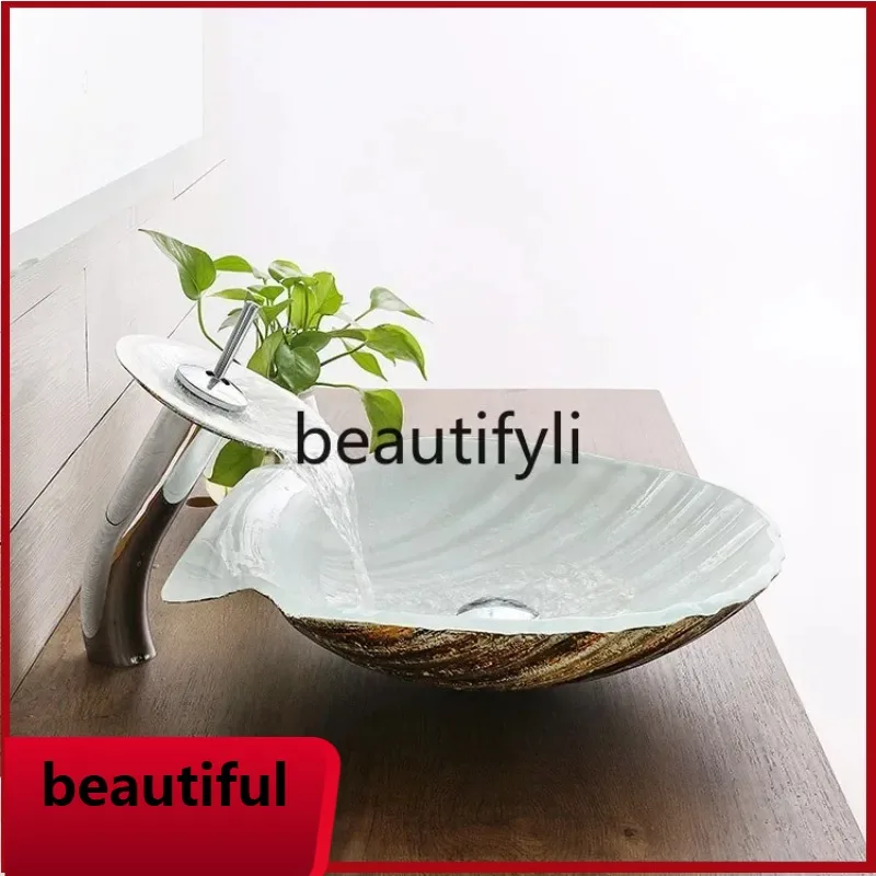 

f156 Bathroom tempered gla wash basin white shell personalized creative face wash