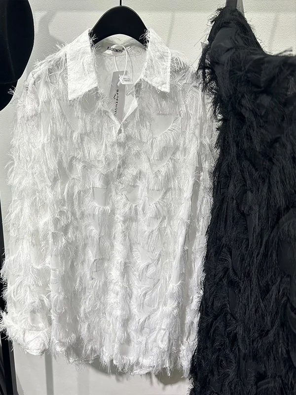 High Street Dark Black Hollow Out Feather Print Loose Long Sleeved Shirt for Men's A Sense of Luxury and Temperament Shirts Tops