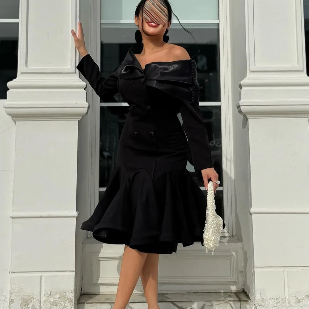 

Fashion Buttons Draped Boat Neck Knee Length Mermaid Prom Gowns Jersey Off the Shoulder Long Sleeves Zipper Back فساتين سهرة