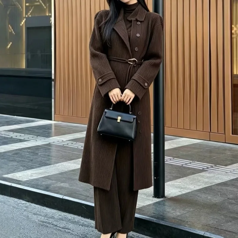 Miyake Pleated Trench Coat Plisse 2026 Winter New Single Row Multi-Button Turn-Down Collar Tie Women's Long Coat Elegant Casual