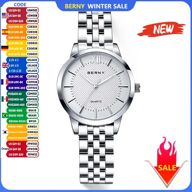 BERNY Ladies Quartz Watch Women Fashion Simple Wristwatch  Stainless Steel Japan Miyota 2035 Waterproof Watch for Women 2022