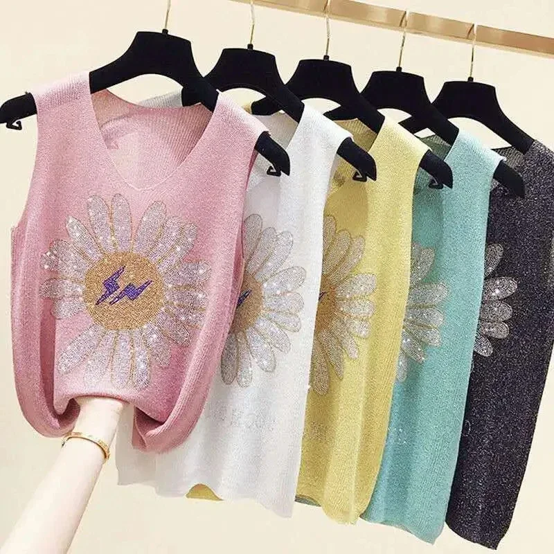 Diamond-studded Camisole Women's Summer Loose Short Sleeveless Versatile V-neck Bottoming Shirt Tank Tops Female