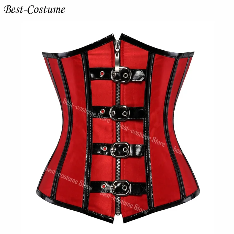 Sexy Gothic Spiral Steel Boned Corset Burlesque Steampunk Clothing Zipper Costume Bustiers Shapewear Black Red PA6074