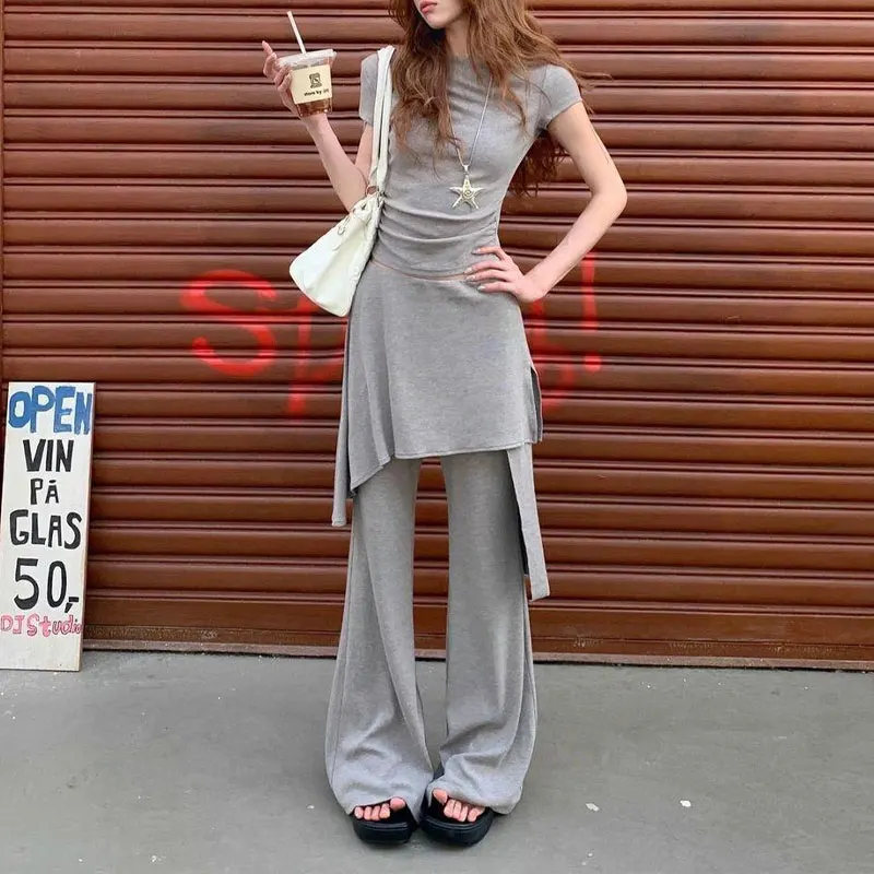 

Women Two Piece Set Short Sleeve Ruched Matching Sets Irregular Layered Skirt Flared Pants Y2K Casual Tracksuit Trousers Sets