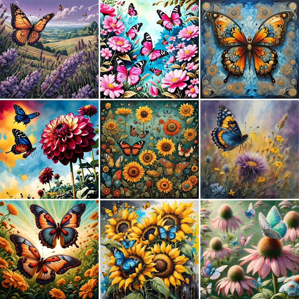 Butterfly Flowers Printed Canvas Cross-Stitch Complete Kit Embroidery Knitting Handmade Handiwork Craft Gift Needle Room Decor