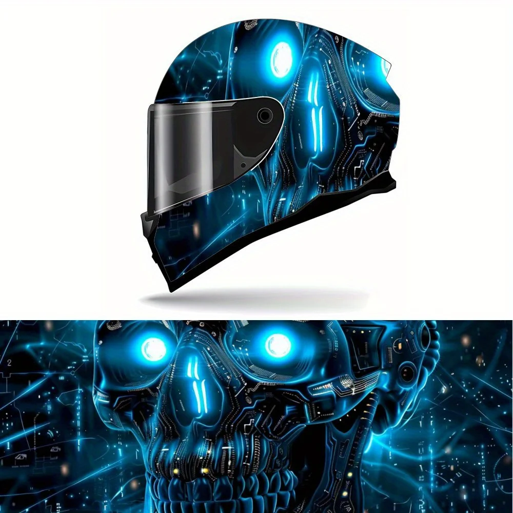 

Blue Mechanical Skull Full Helmet Sticker - Durable Waterproof PVC Motorcycle Racing Graphic Sticker, Perfect Gift for Riding Lo