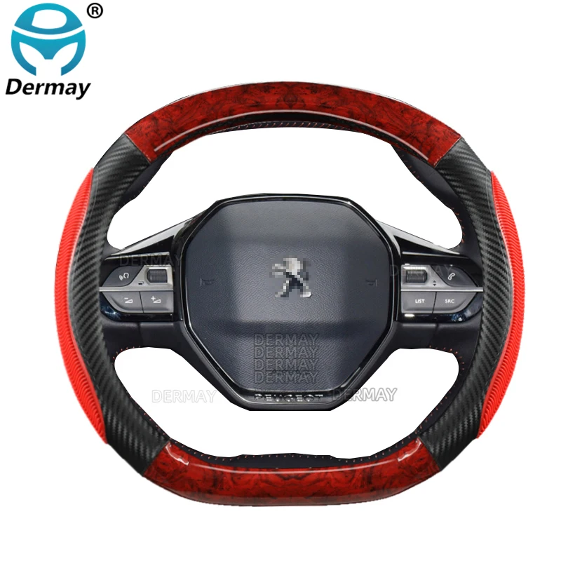 

for Peugeot 2008 2019 2020 2022 e2008 2020 Car Steering Wheel Cover Imitation Peach Wood PU Leather Non-slip Auto Accessories