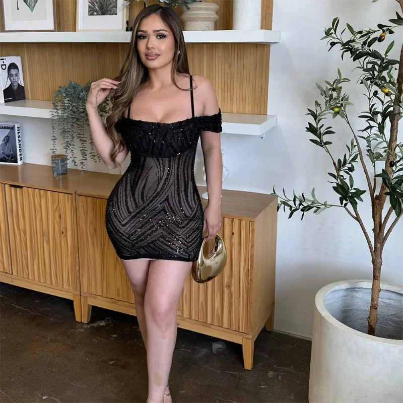 GUWU Sommer Durchsichtiges Mesh Pailletten, Figurbetontes Kleid Frauen Sexy Dünnes Gummiband Minikleider Dame Club Party Nacht Outfit