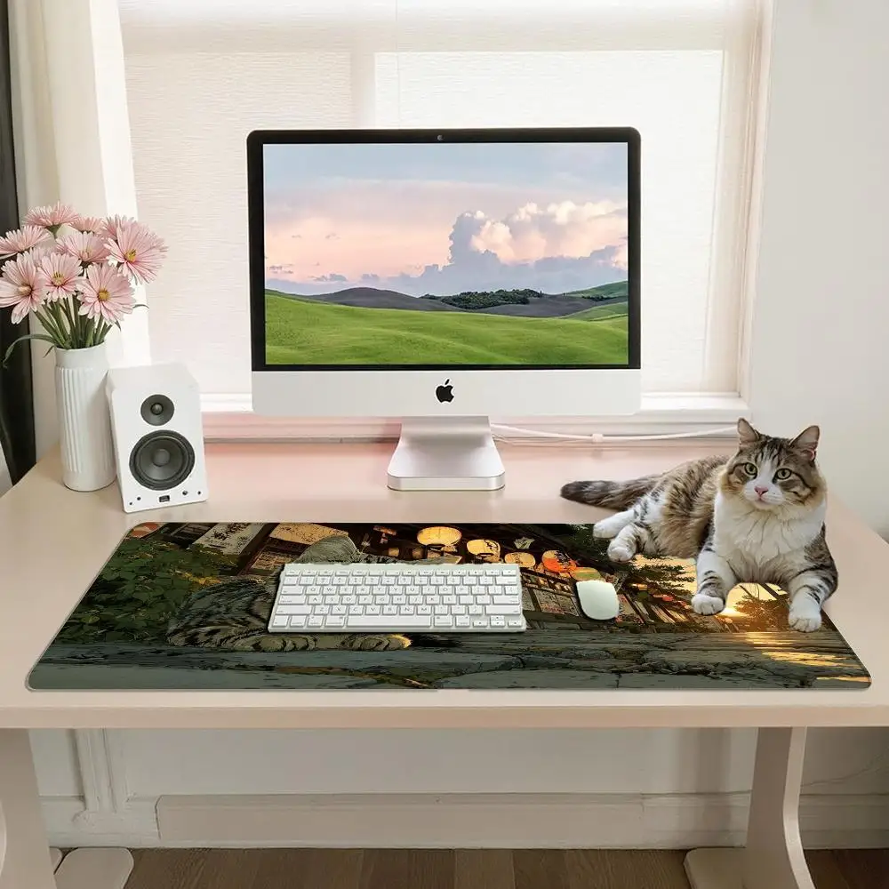 Cute Tabby Cat Japanese Old Town Sunset Lantern Anime Street View XXL Gaming Mouse Pad alfombrillas para escritorio