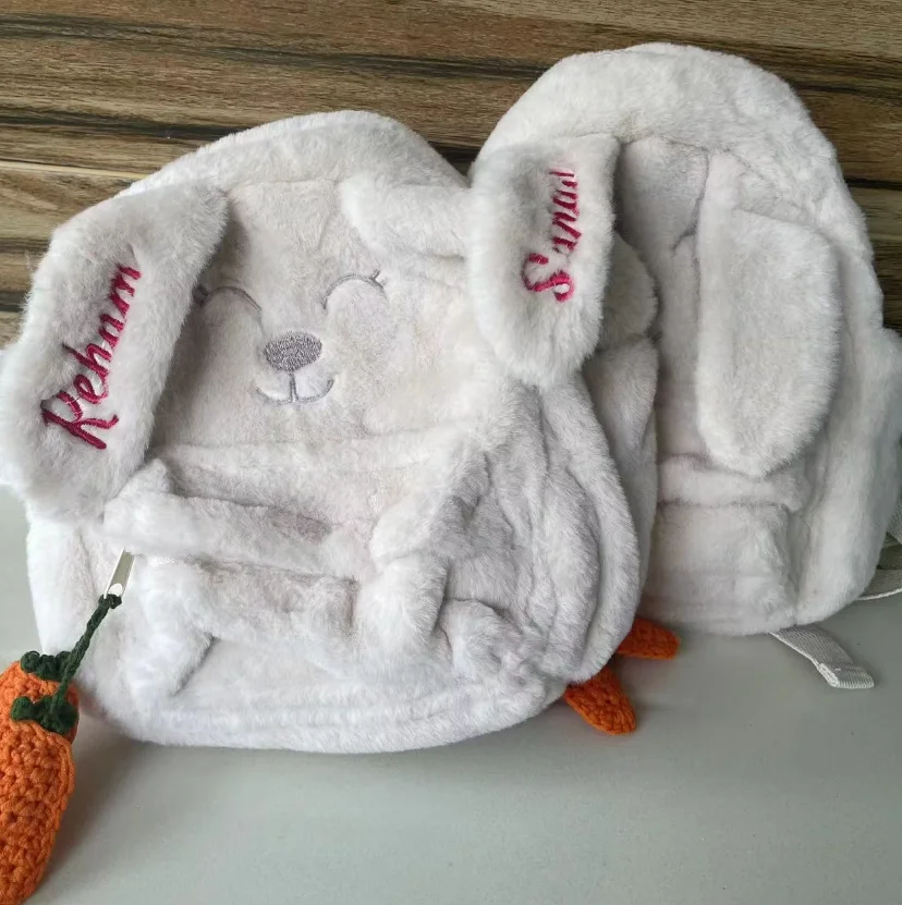 Customizable Beige Plush Rabbit Backpack with Hanging Carrot Ear for Women Children's Embroidered Cute Gift Bag with Name