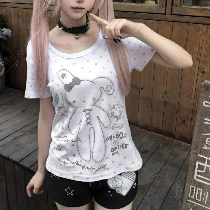 HOUZHOU Kawaii Blue Print Graphic T-Shirts Women White Sweet Vintage Polka Dot Short Sleeve Tees Y2k Aesthetic Japanese Fashion