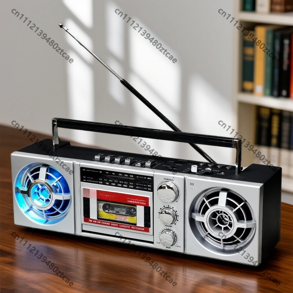 Stereo Cassette Recorder Radio Rechargeable Bluetooth USB Speaker with Ambient Light
