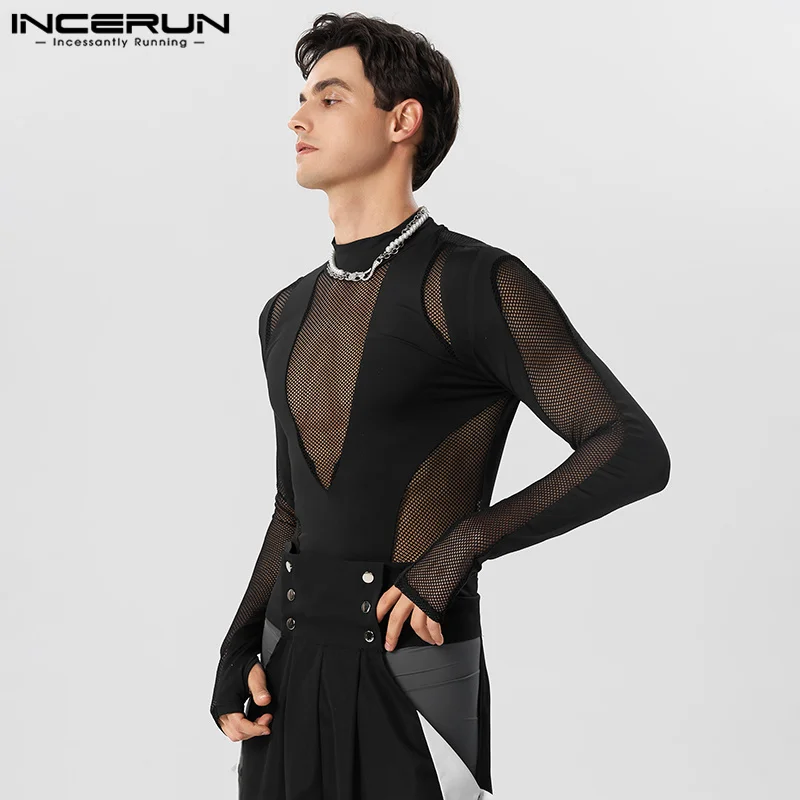 2023 Männer Bodys Mesh Patchwork Roll kragen pullover Langarm sexy Stram pler Männer T-Shirt transparente Fitness Party Bodys Incerun