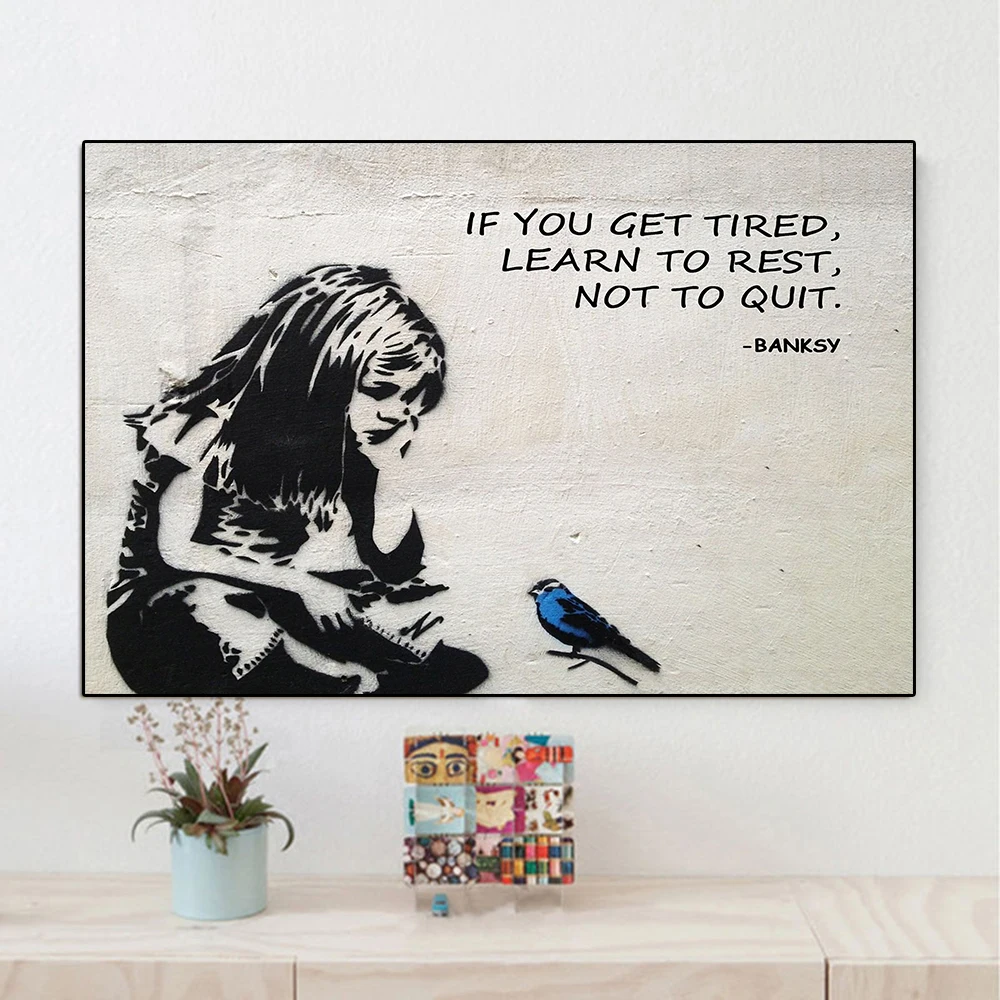 

Banksy Girl With Blue Bird Motivational Quote Canvas Painting Abstract Street Graffiti Poster Print Office Wall Art Room Decor