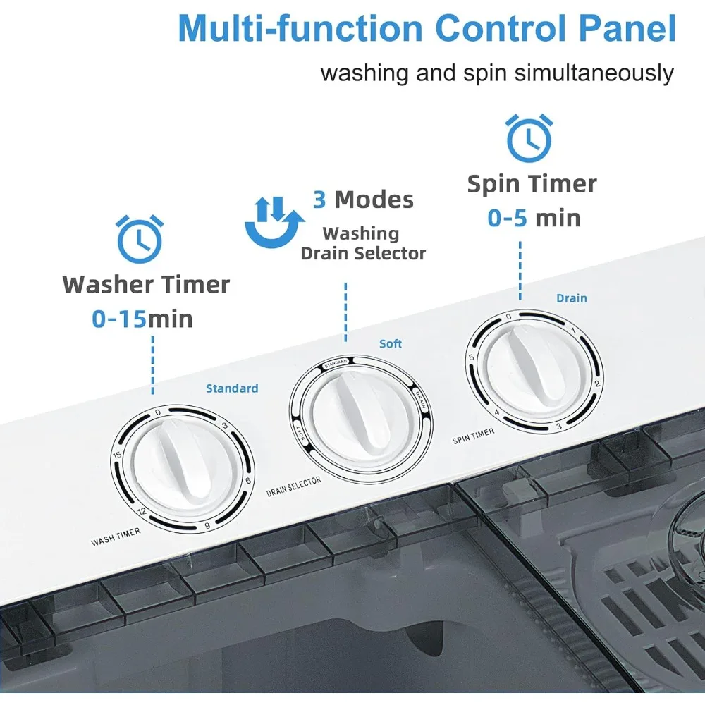 Semi-Automatic Washer, Twin Tub Washer 13.2Lbs And Spinner 8.8Lbs, Control Knobs ＆ Built-in Drain Pump, Portable Laundry Washer
