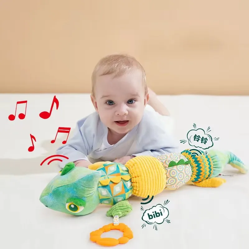 Animale sensoriale Dinosauro Morbido peluche ripiene Sonagli Massaggiagengive Pancia Tempo Giocattoli con righello musicale Crinkle Toys per il bambino 0 12 mesi