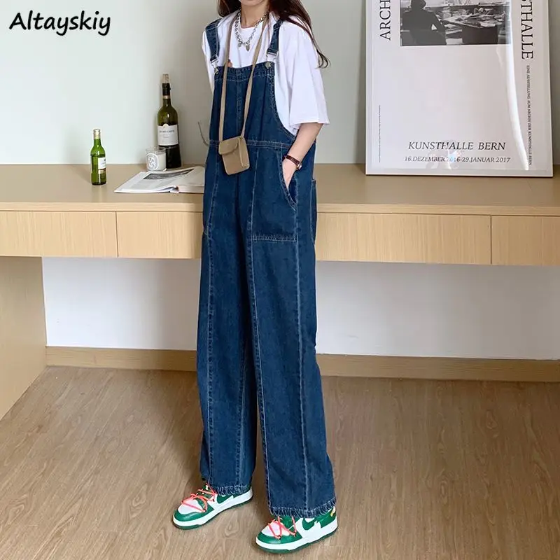 

Baggy Jumpsuits Women Blue Vintage Straight Trendy Korean Style Leisure Classic Pure Simple All-match Ulzzang Age-reducing Chic