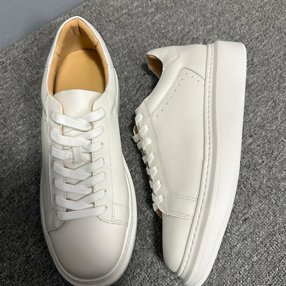 أحذية رياضية بيضاء للرجال من الجلد بنمط تنفيذي بنعال سميكة وارتفاع غير مرئي يزيد من الأحذية الأنيقة لجميع المناسبات #6